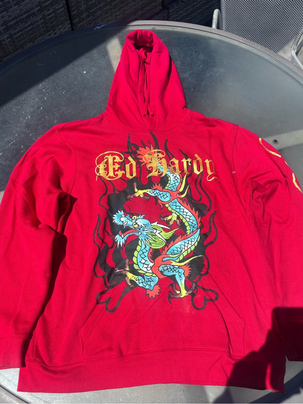 Ed Hardy Red Hoodie with Multicolor Dragon Graphic